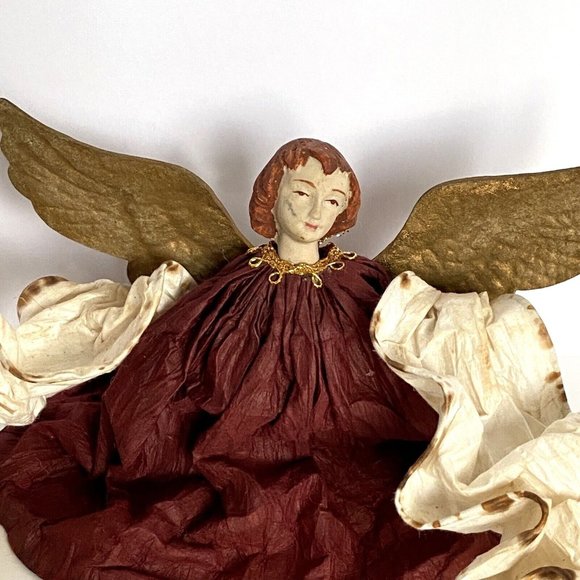Vintage Christmas Tree Topper Angel Hand Painted Wine Red Dress Red Hair - Picture 1 of 8